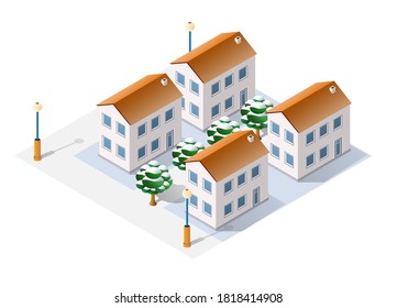 Winter Christmas landscape snow covered the futuristic isometric city from buildings and street constructions
