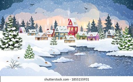 Winter Christmas landscape with snow-covered houses in a pine forest on the banks of a frozen river. Christmas holidays vector illustration.