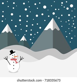 winter christmas landscape with snowman flat icon