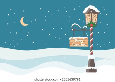 Winter Christmas landscape. Street lamp with festive decor covered with snow. Illustration