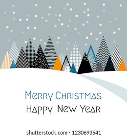 Winter Christmas landscape with stylized Christmas trees. Abstract forest with snowdrifts. The concept of Christmas holidays. flat vector illustration