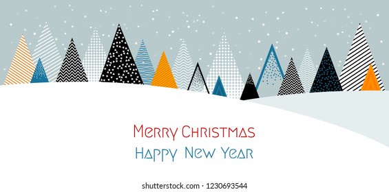 Winter Christmas landscape with stylized Christmas trees. Abstract forest with snowdrifts. The concept of Christmas holidays. flat vector illustration