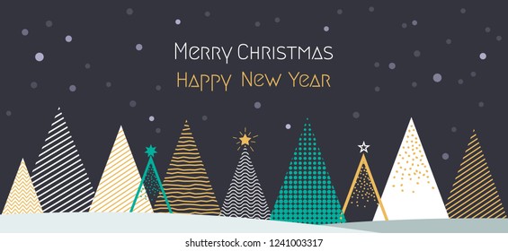 Winter Christmas landscape with stylized Christmas trees. Abstract forest with snowdrifts. The concept of Christmas holidays. flat vector illustration