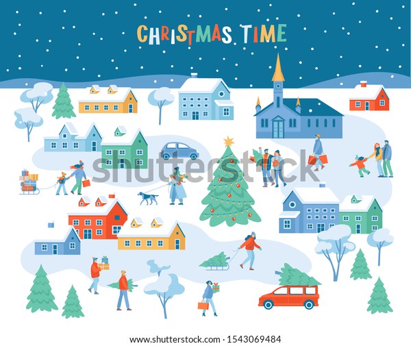 Winter Christmas landscape with Christmas tree, church,\
houses, cars, trees and fun characters. People walking, carrying\
gift boxes and shopping bags. Vector cartoon illustration. Flat\
style. 