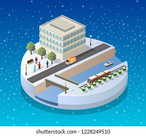 Winter Christmas landscape urban isometric city block in the snow covered and snowflakes, snowstorms and festive of the New Year digital modern concept background holiday