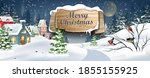 Winter Christmas Landscape Vector Background with snow covered hills, houses, in fir forest with wooden banner. Christmas holidays vector illustration