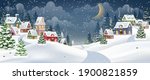 Winter Christmas Landscape Vector Background with snow covered hills, houses, in fir forest with wooden banner. Christmas holidays vector illustration