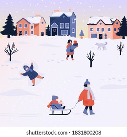 Winter Christmas Landscape Vector Background with people, snow.