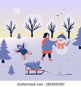 Winter Christmas Landscape Vector Background with mom and baby making a snowman.