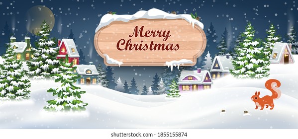 Winter Christmas Landscape Vector Background with snow covered hills, houses, squirrel in fir forest. Christmas holidays vector illustration with wooden banner.