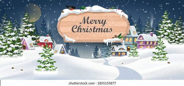 Winter Christmas Landscape Vector Background with snow covered hills, houses, in fir forest with wooden banner. Christmas holidays vector illustration