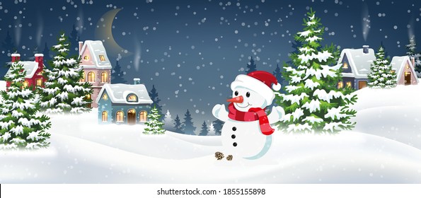 Winter Christmas Landscape Vector Background with snow covered hills, houses, snowman in fir forest. Christmas holidays vector illustration