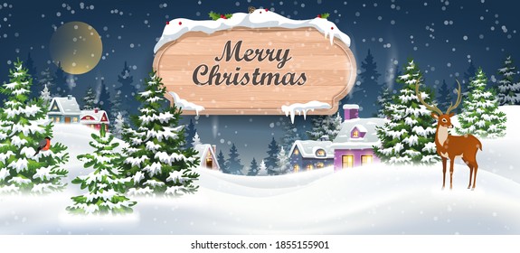 Winter Christmas Landscape Vector Background with snow covered hills, houses, deer in fir forest. Christmas holidays vector illustration