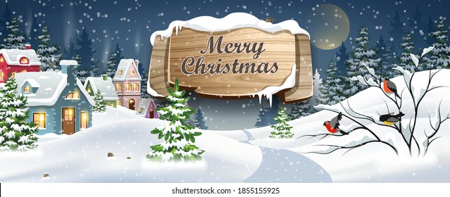 Winter Christmas Landscape Vector Background with snow covered hills, houses, in fir forest with wooden banner. Christmas holidays vector illustration