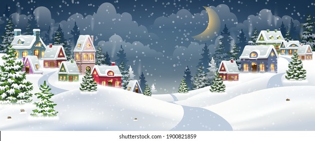 Winter Christmas Landscape Vector Background with snow covered hills, houses, in fir forest with wooden banner. Christmas holidays vector illustration