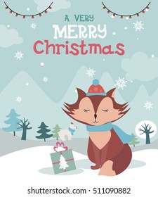 Winter Christmas Landscape Vector Background with snow covered hills, bear, fox card. Vector illustration