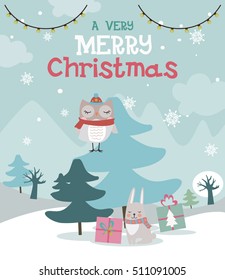 Winter Christmas Landscape Vector Background with snow covered hills, owl, rabbit card. Vector illustration