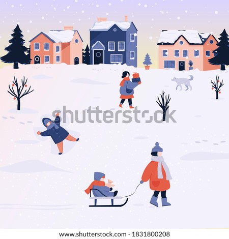 Winter Christmas Landscape Vector Background with people, snow.