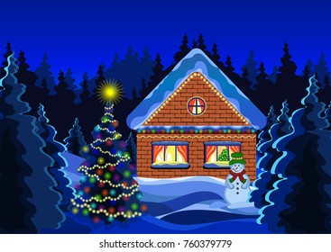 Winter christmas landscape vector drawing. Night winter snow forest, decorated with luminous garlands rustic brick house, snowman, and decorated christmas tree with a star. New Year illustration
