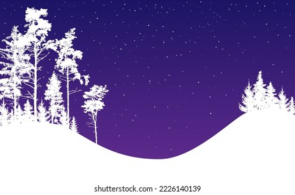 Winter Christmas landscape. Vector illustration of night landscape of winter pine forest. Sketch for creativity.