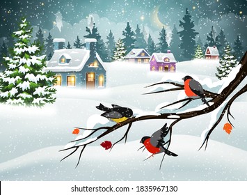 Winter Christmas landscape with village houses covered with snow in a pine forest and bullfinches on a branch