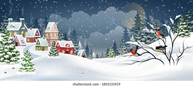 Winter Christmas landscape with village houses covered with snow in a pine forest and bullfinches on a branch