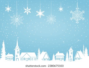 Paisaje navideño de invierno con siluetas blancas de casas, abetos, copos de nieve sobre fondo azul. Ilustración vectorial.