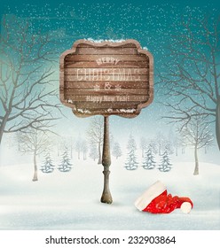 Winter Christmas Landscape With A Wooden Ornate Sign And A Santa Hat Background. Vector.