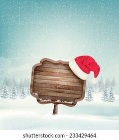 Winter christmas landscape with a wooden ornate sign and a santa hat background. Vector.
