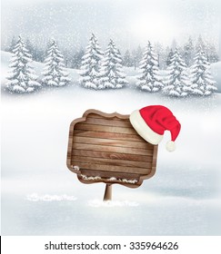 Winter Christmas Landscape With A Wooden Ornate Sign And A Santa Hat Background. Vector.