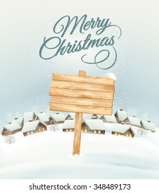 Winter Christmas landscape with a wooden ornate sign background. Vector.