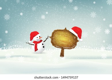 Winter Christmas Landscape With a Wooden Sign And Snowman. Illustrator vector eps 10.