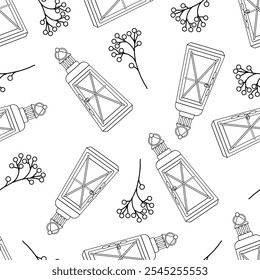 Winter Christmas lantern and branches with  berries, outline seamless pattern. Decor in flat vector design. 