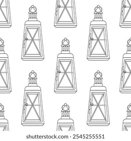 Winter Christmas lantern outline seamless pattern in flat vector design. Merry holiday.