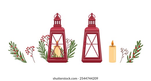 Winter Christmas lanterns,  decor in flat vector design. Merry holiday. elements set.