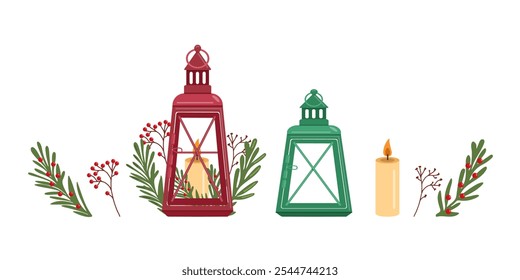 Winter Christmas lanterns,  decor in flat vector design. Merry holiday. elements set.