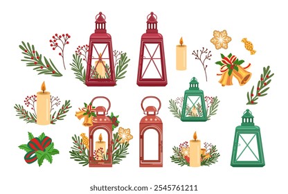 Winter Christmas lanterns,  decor in vector style.