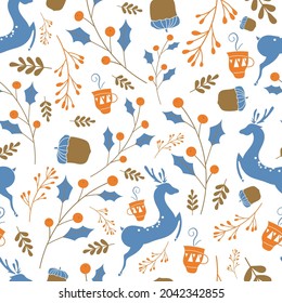 Winter Christmas leaves vector seamless repeat pattern.