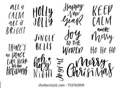 Winter and Christmas lettering in black and white colors. Merry Christmas. Happy New Year, 2018. Typography set. Vector logo, emblems, text design. Usable for banners, greeting cards, gifts etc