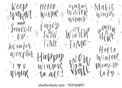Winter and Christmas lettering in blue and white colors.  Hello winter set. Typography collection. Vector logo, emblems, text design. Usable for banners, greeting cards, gifts etc