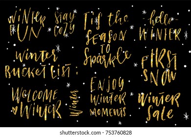Winter and Christmas lettering in . Merry Christmas. Happy New Year, 2018. Typography set. Vector logo, emblems, text design. Usable for banners, greeting cards, gifts etc