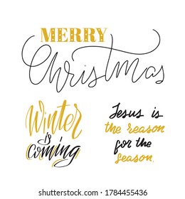 Winter Christmas lettering quotes set. Inspirational handwritten brush lettering. Vector calligraphy stock illustration isolated on white. Typography for banners, badges, postcard, t-shirt, prints.