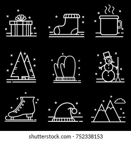 Winter, christmas, linear, modern icon set in black and white colors. Vector art.