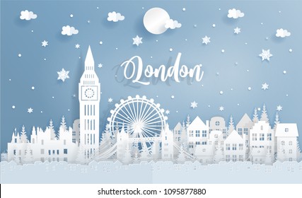 Winter and Christmas in London with city and falling snow. Paper cut style vector illustration. 