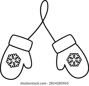 Winter Christmas mittens outline vector isolated.
Festive gloves decorated with snowflakes  children's coloring pages and templates.
Transparent background. 