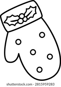 Winter Christmas mittens outline vector isolated.
Festive gloves decorated with holly children's coloring pages and templates.
Transparent background. 