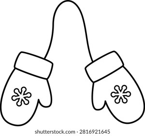 Winter Christmas mittens outline vector isolated.
Festive gloves decorated with snowflakes  children's coloring pages and templates.
Transparent background.