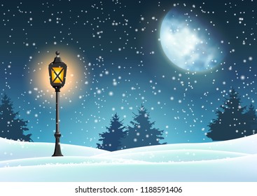 Winter Christmas motive, vintage lantern in snowy nature with big moon in background, vector illustration, eps 10 with transparency and gradient mesh