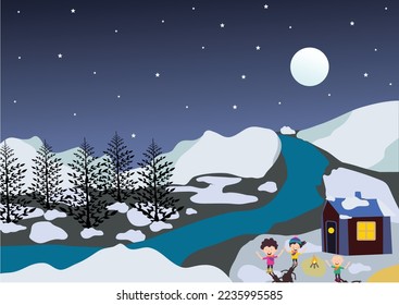 Winter Christmas Natural background. Outdoor activities with kids playing. Illustration of Children playing outdoors in winter Holiday winter landscape, Christmas design.