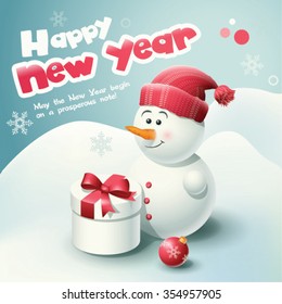 Winter Christmas and New Year Background with Snowman and Gift